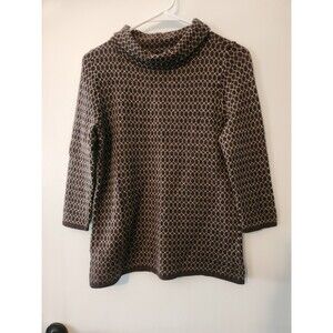 Talbots Women’s Petite Medium Sweater 100% Merino Wool Brown Geometric Cowl Neck
